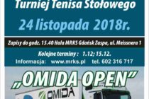 VI Turniej Tenisa Stołowego „OMIDA OPEN” dla amatorów i weteranów – 24 listopada 2018 r. /zapisy do 15.40/ hala MRKS Gdańsk ul. Meissnera 1