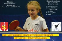 Trzeci turniej „XXII Mistrzostw Gdyni w tenisie stołowym” – 20 listopada 2021 r.  Gdynia, ul. Zielona 53