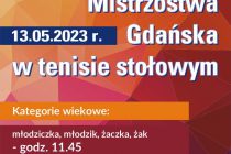 Otwarte Mistrzostwa Gdańska -kategorie : żak, żaczka, młodzik, młodziczka oraz Amatorzy i Weterani (kat. „-45”, (+45), „+60) – 13 maja 2023 r. godz. 11.45 i 15.45; Hala MRKS Gdańsk ul. Meissnera 1